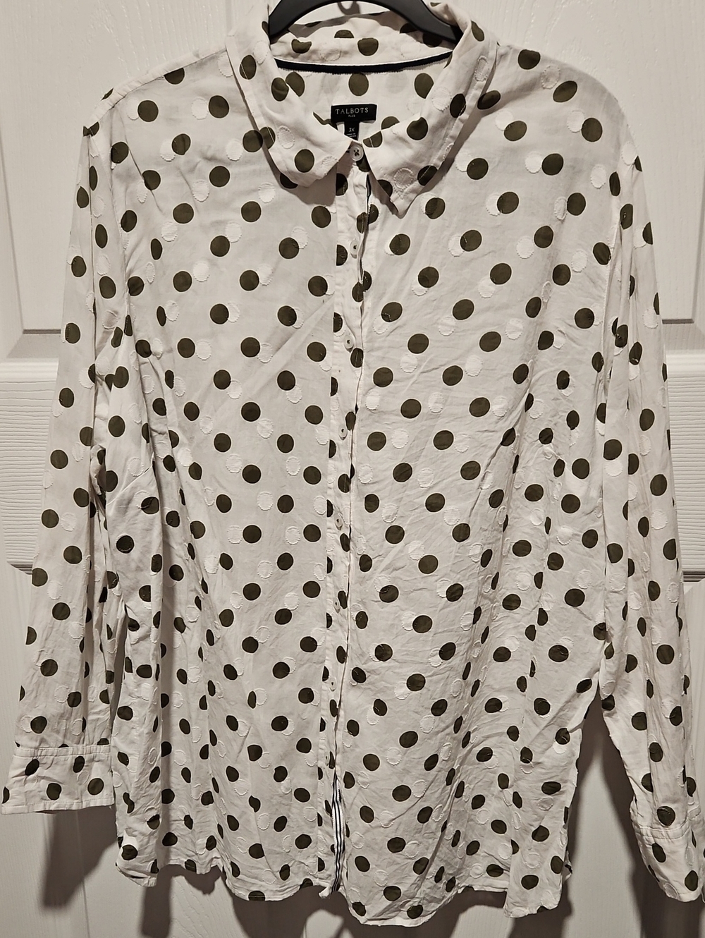 Talbots White Shirt Jacket with Olive Polka Dots